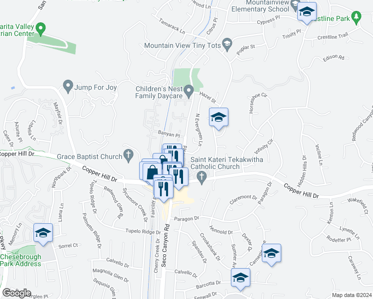map of restaurants, bars, coffee shops, grocery stores, and more near 28203 North Evergreen Lane in Santa Clarita