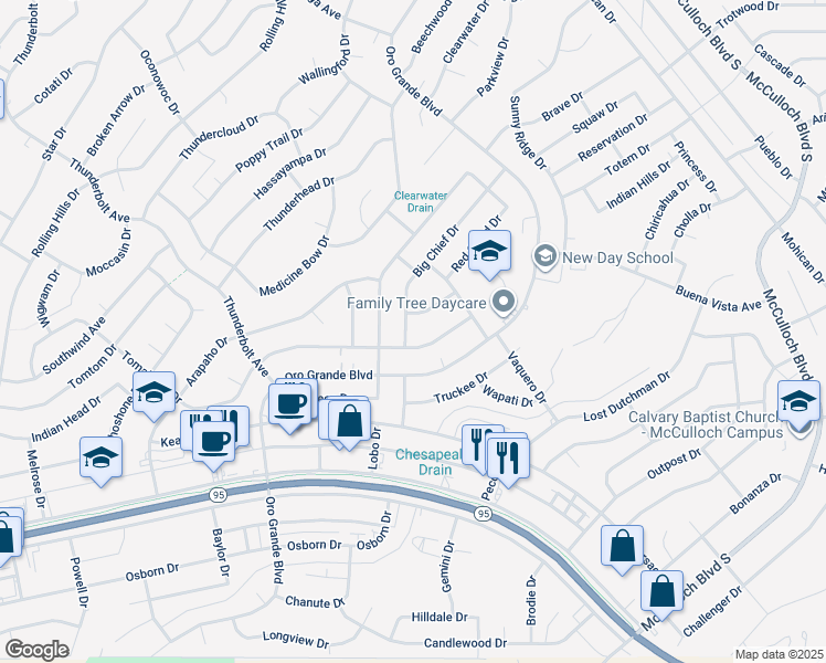 map of restaurants, bars, coffee shops, grocery stores, and more near 3400 Big Chief Drive in Lake Havasu City