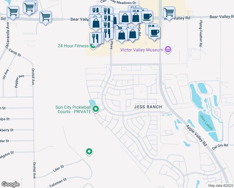 map of restaurants, bars, coffee shops, grocery stores, and more near 19052 Primrose Lane in Apple Valley