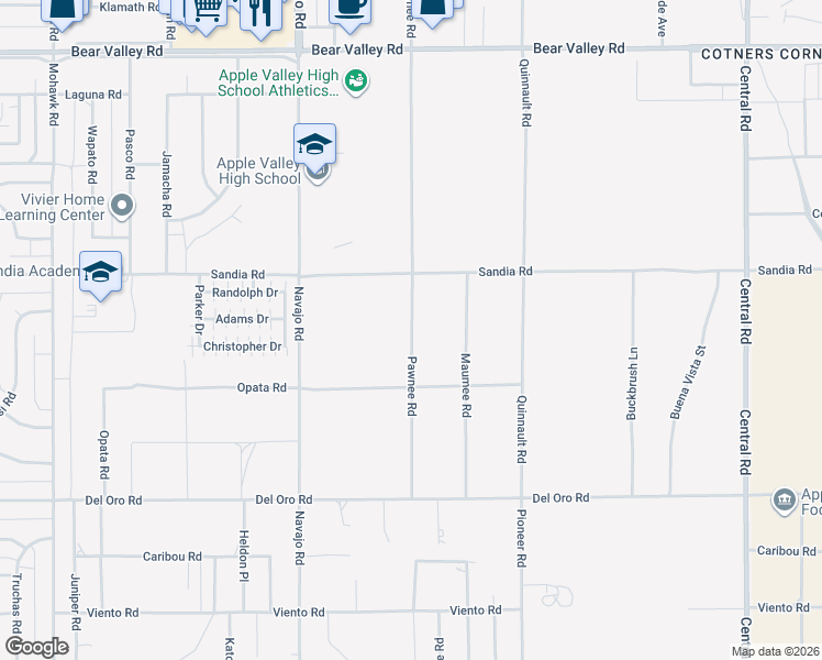 map of restaurants, bars, coffee shops, grocery stores, and more near 11599 Pawnee Rd in Apple Valley