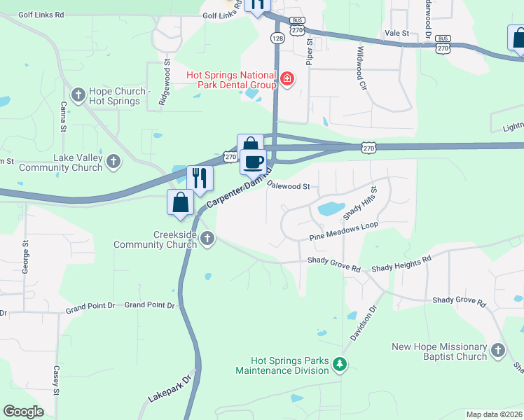 map of restaurants, bars, coffee shops, grocery stores, and more near 135 Shady Woods Court in Hot Springs