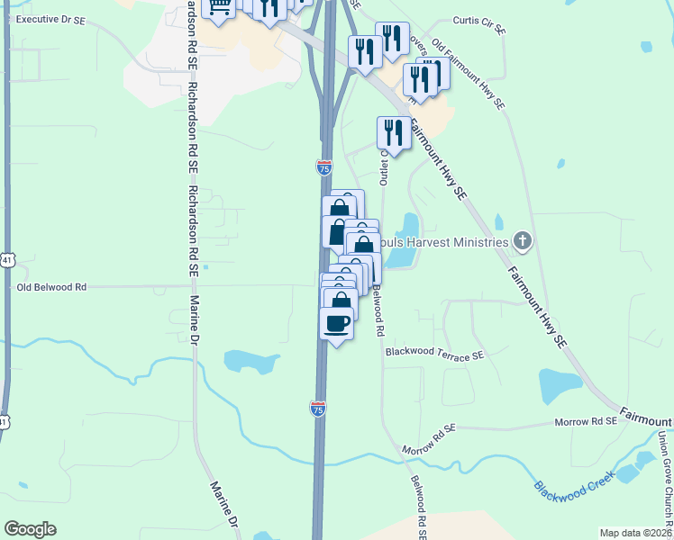 map of restaurants, bars, coffee shops, grocery stores, and more near 455 Belwood Road in Calhoun