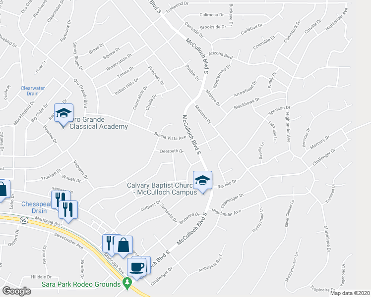 map of restaurants, bars, coffee shops, grocery stores, and more near 3821 Deerpath Drive in Lake Havasu City