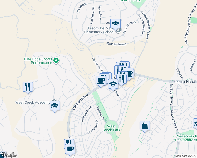 map of restaurants, bars, coffee shops, grocery stores, and more near 24015 Copper Hill Drive in Santa Clarita