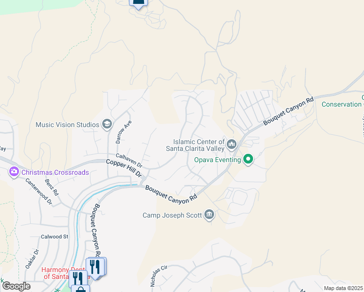 map of restaurants, bars, coffee shops, grocery stores, and more near 28808 Woodside Drive in Santa Clarita