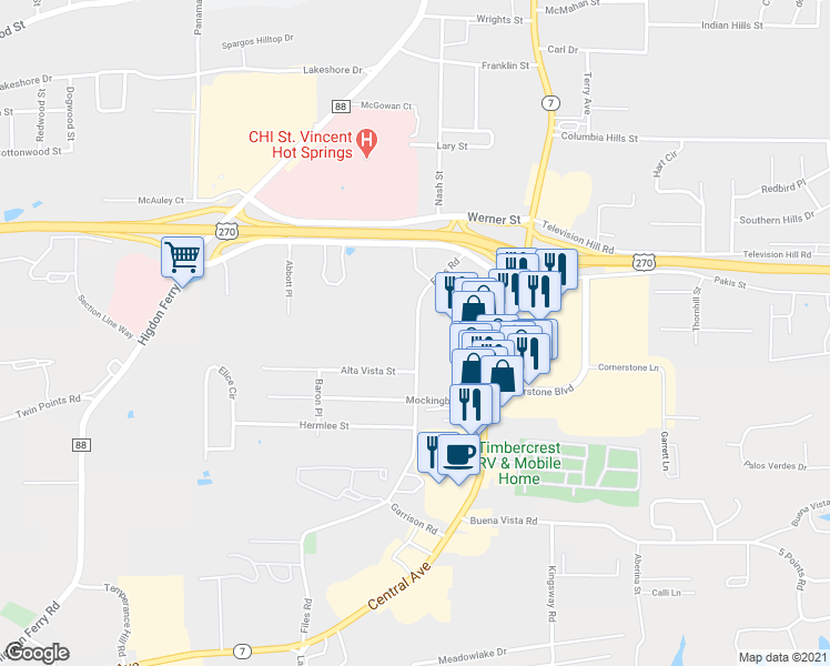 map of restaurants, bars, coffee shops, grocery stores, and more near 222 Files Road in Hot Springs