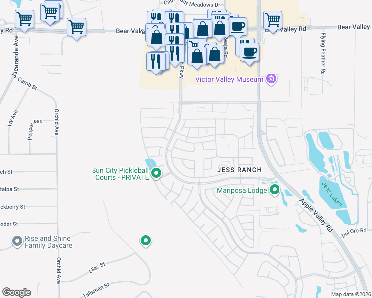 map of restaurants, bars, coffee shops, grocery stores, and more near 19038 Primrose Lane in Apple Valley