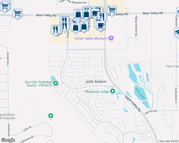 map of restaurants, bars, coffee shops, grocery stores, and more near 19239 Palo Verde Drive in Apple Valley