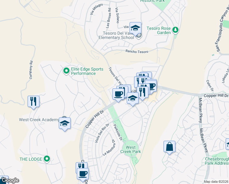 map of restaurants, bars, coffee shops, grocery stores, and more near 24015 Copper Hill Drive in Santa Clarita