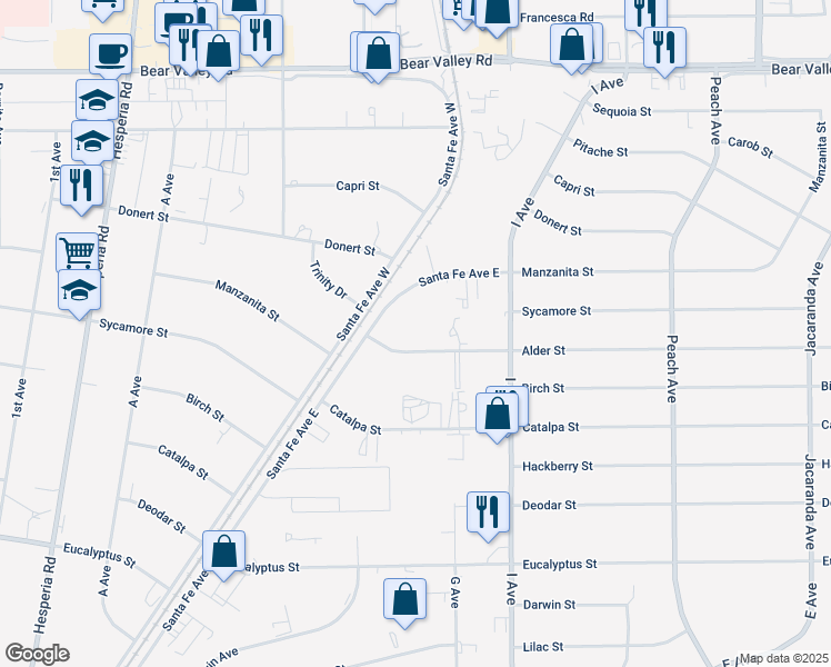 map of restaurants, bars, coffee shops, grocery stores, and more near Alder Street in Hesperia