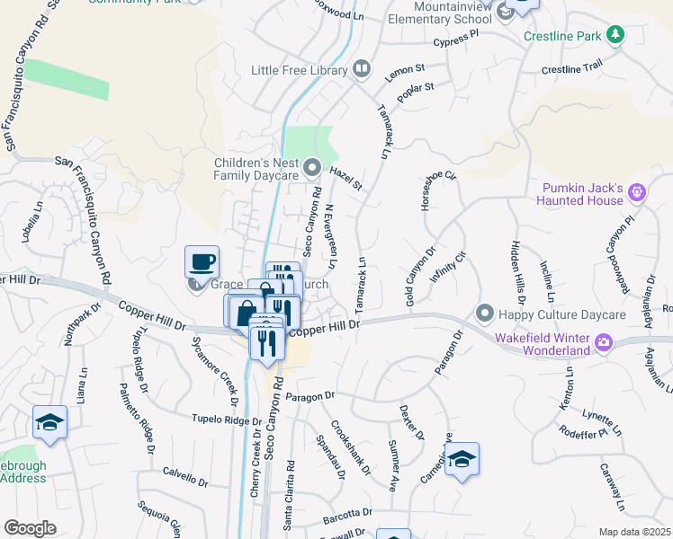 map of restaurants, bars, coffee shops, grocery stores, and more near 28252 North Evergreen Lane in Santa Clarita
