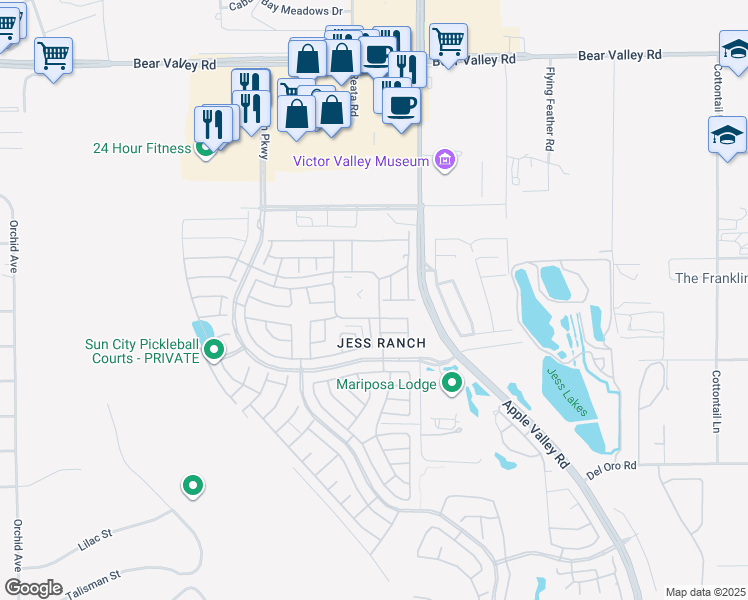 map of restaurants, bars, coffee shops, grocery stores, and more near 19255 Palo Verde Drive in Apple Valley