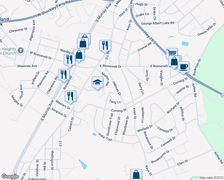 map of restaurants, bars, coffee shops, grocery stores, and more near 3204 Deerwood Trail in Anderson