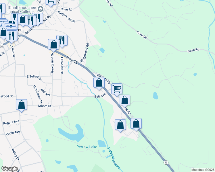 map of restaurants, bars, coffee shops, grocery stores, and more near 981 East Church Street in Jasper