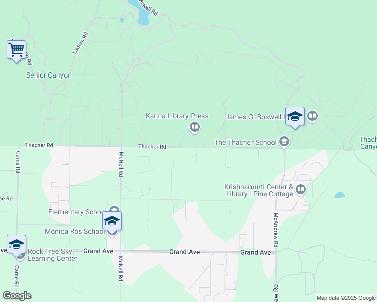 map of restaurants, bars, coffee shops, grocery stores, and more near 4222 Thacher Road in Ojai