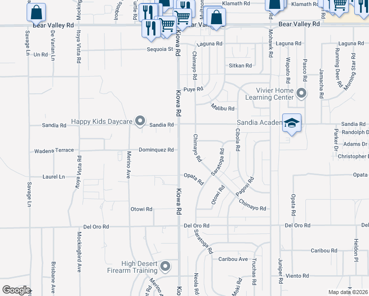 map of restaurants, bars, coffee shops, grocery stores, and more near 11609 Kiowa Road in Apple Valley