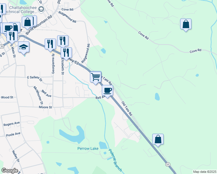 map of restaurants, bars, coffee shops, grocery stores, and more near 981 East Church Street in Jasper