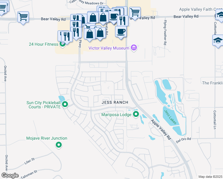 map of restaurants, bars, coffee shops, grocery stores, and more near 19261 Palo Verde Drive in Apple Valley