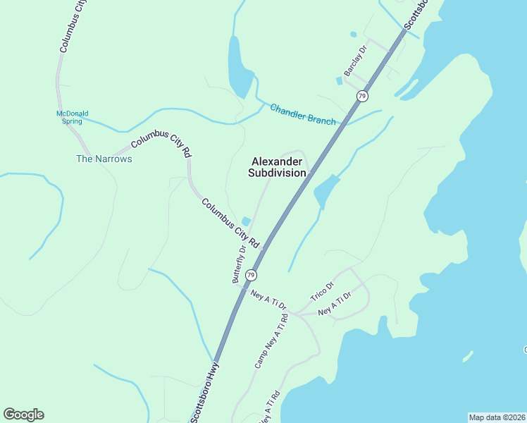 map of restaurants, bars, coffee shops, grocery stores, and more near 96 Columbus Lane in Guntersville