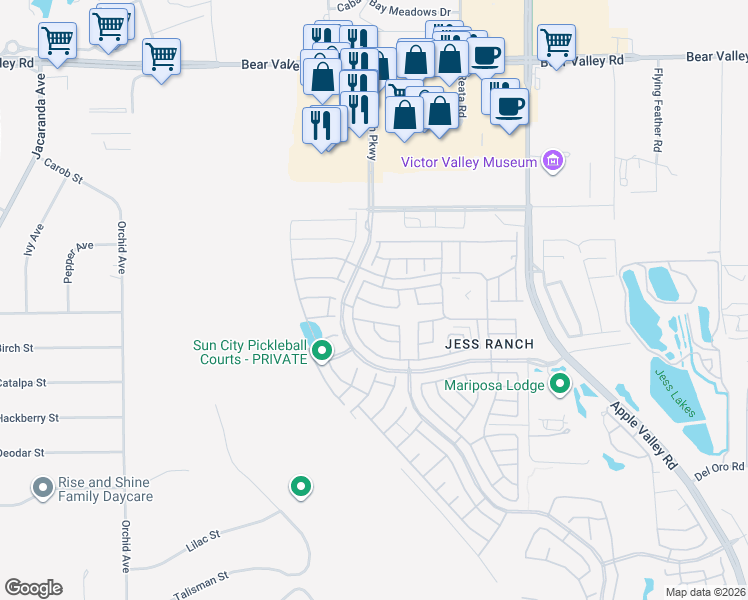 map of restaurants, bars, coffee shops, grocery stores, and more near 19016 Primrose Lane in Apple Valley