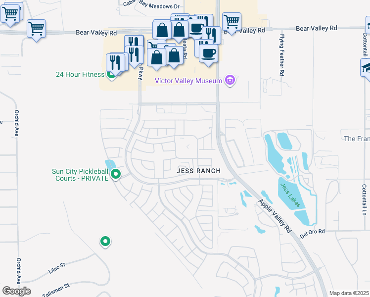 map of restaurants, bars, coffee shops, grocery stores, and more near 19163 Palo Verde Drive in Apple Valley