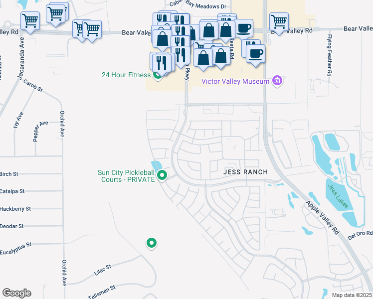 map of restaurants, bars, coffee shops, grocery stores, and more near 19014 Primrose Lane in Apple Valley