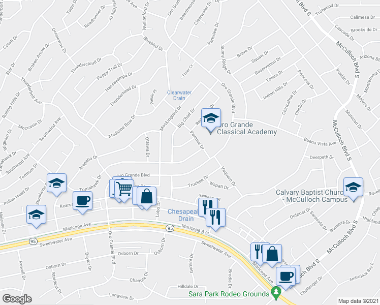 map of restaurants, bars, coffee shops, grocery stores, and more near 3541 Tomahawk Drive in Lake Havasu City