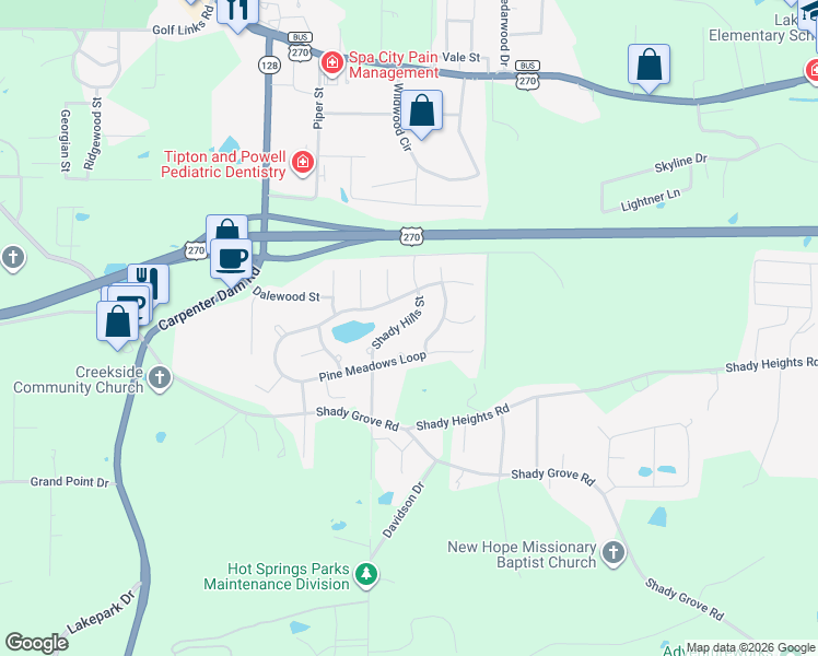 map of restaurants, bars, coffee shops, grocery stores, and more near 211 Shady Hills Street in Hot Springs