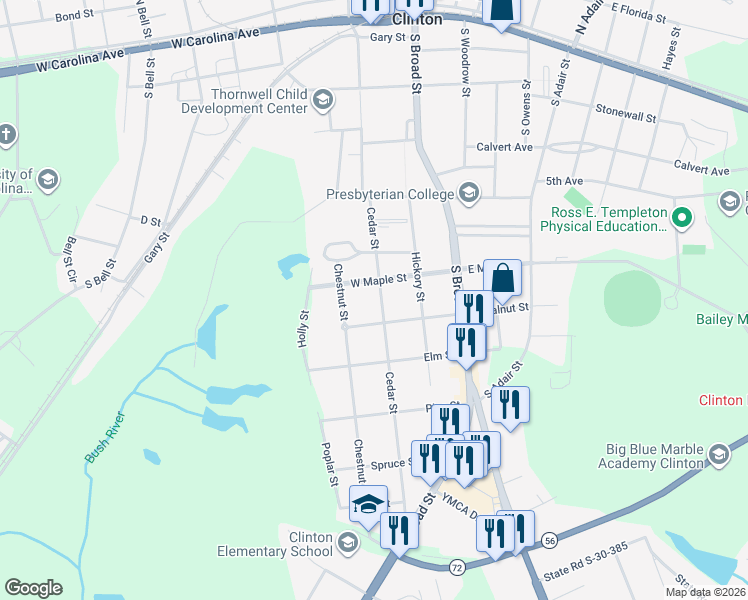 map of restaurants, bars, coffee shops, grocery stores, and more near 307 Cedar Street in Clinton