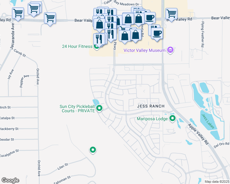 map of restaurants, bars, coffee shops, grocery stores, and more near 19014 Primrose Lane in Apple Valley