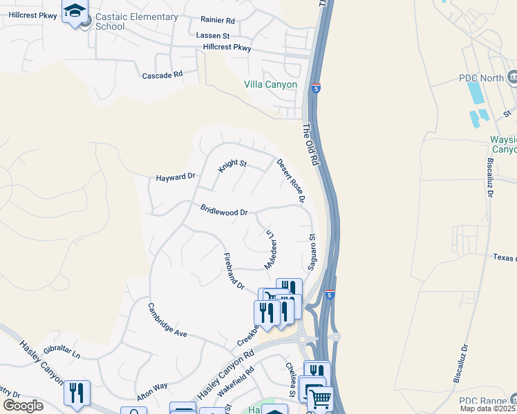 map of restaurants, bars, coffee shops, grocery stores, and more near 27733 Bridlewood Drive in Castaic