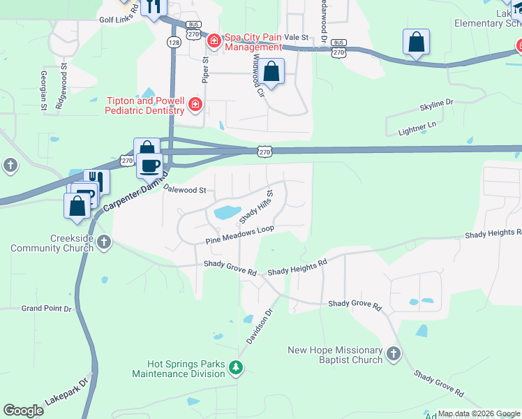 map of restaurants, bars, coffee shops, grocery stores, and more near 211 Shady Hills Street in Hot Springs