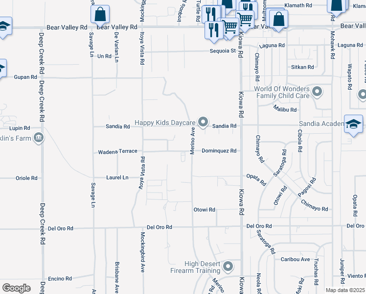map of restaurants, bars, coffee shops, grocery stores, and more near 11651 Anza Road in Apple Valley