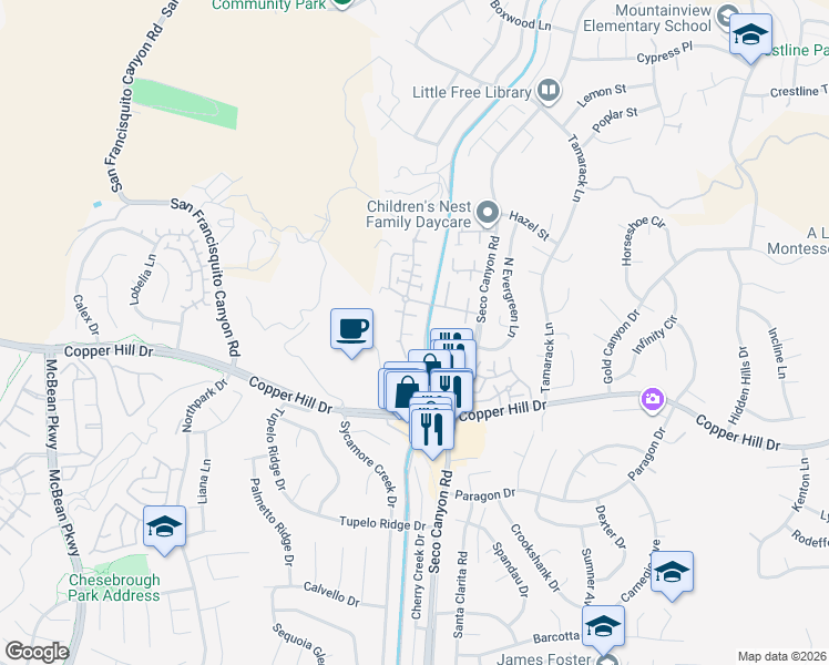 map of restaurants, bars, coffee shops, grocery stores, and more near 22914 Banyan Place in Santa Clarita