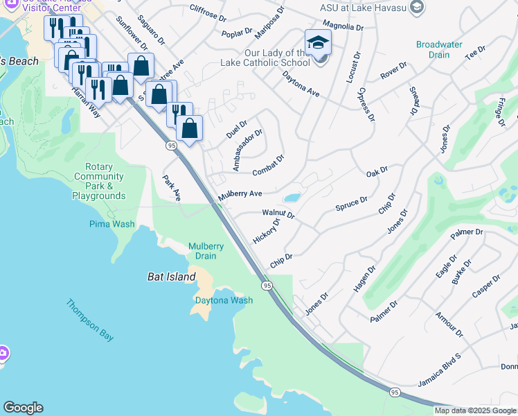 map of restaurants, bars, coffee shops, grocery stores, and more near 1831 Walnut Drive in Lake Havasu City
