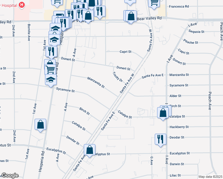 map of restaurants, bars, coffee shops, grocery stores, and more near 17334 Manzanita Street in Hesperia