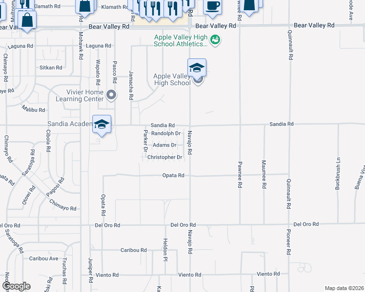 map of restaurants, bars, coffee shops, grocery stores, and more near 11496-11698 Navajo Road in Apple Valley