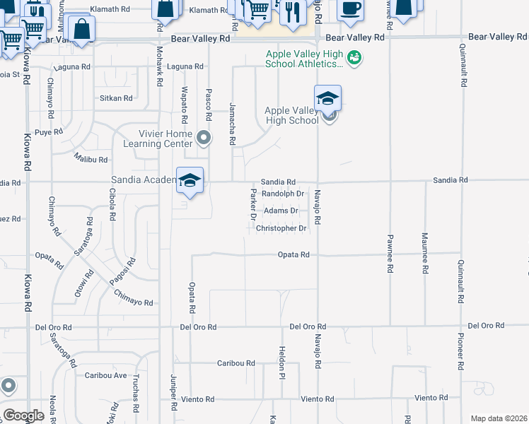 map of restaurants, bars, coffee shops, grocery stores, and more near 21621 Sandia Road in Apple Valley