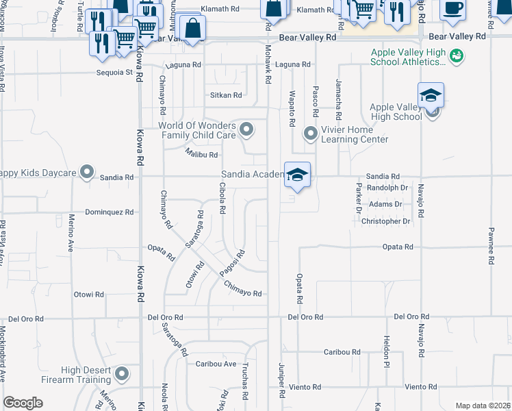 map of restaurants, bars, coffee shops, grocery stores, and more near 11639 Pagosi Road in Apple Valley