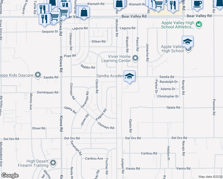map of restaurants, bars, coffee shops, grocery stores, and more near 11639 Pagosi Road in Apple Valley