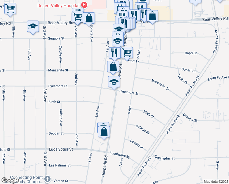 map of restaurants, bars, coffee shops, grocery stores, and more near 11616 Hesperia Road in Hesperia