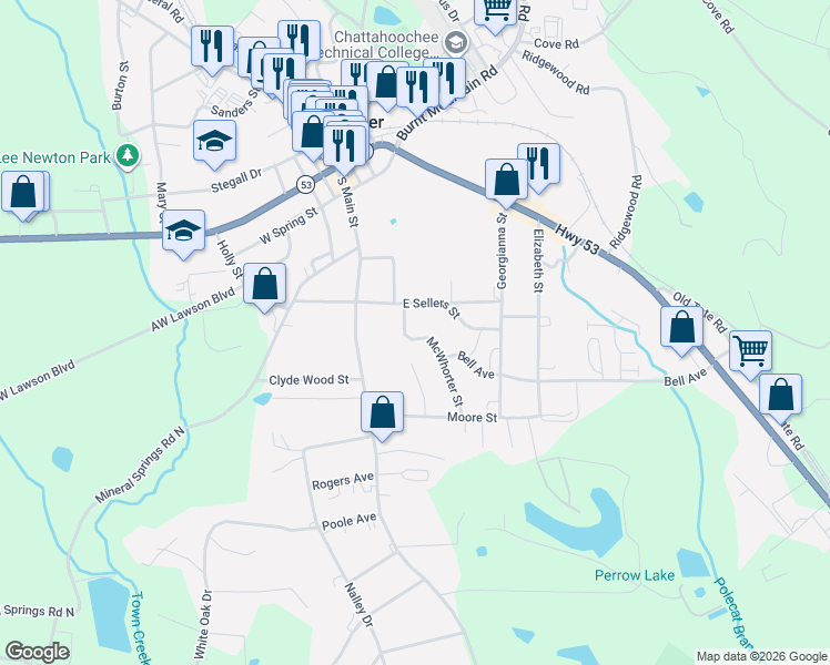 map of restaurants, bars, coffee shops, grocery stores, and more near 76 McWhorter Street in Jasper