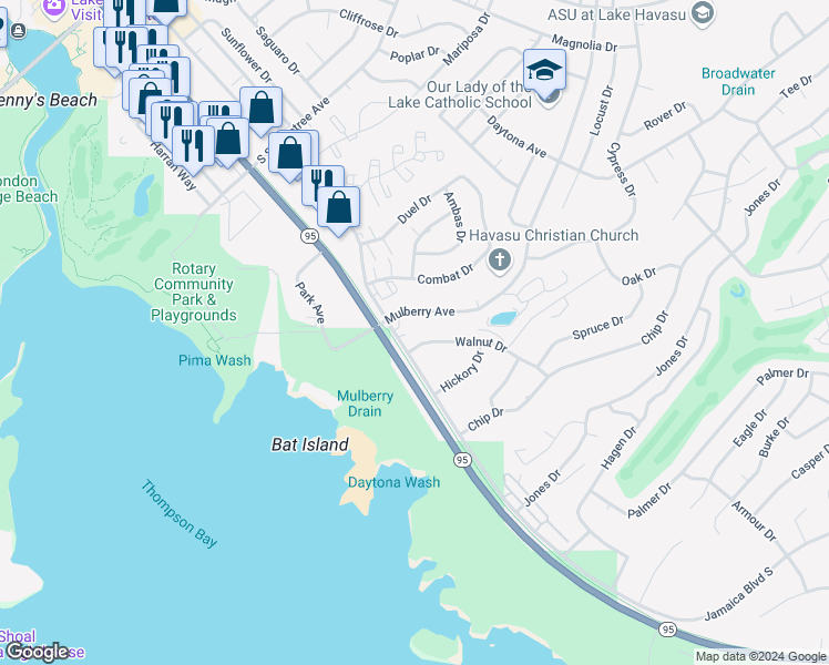 map of restaurants, bars, coffee shops, grocery stores, and more near 500 Lake Havasu Avenue in Lake Havasu City