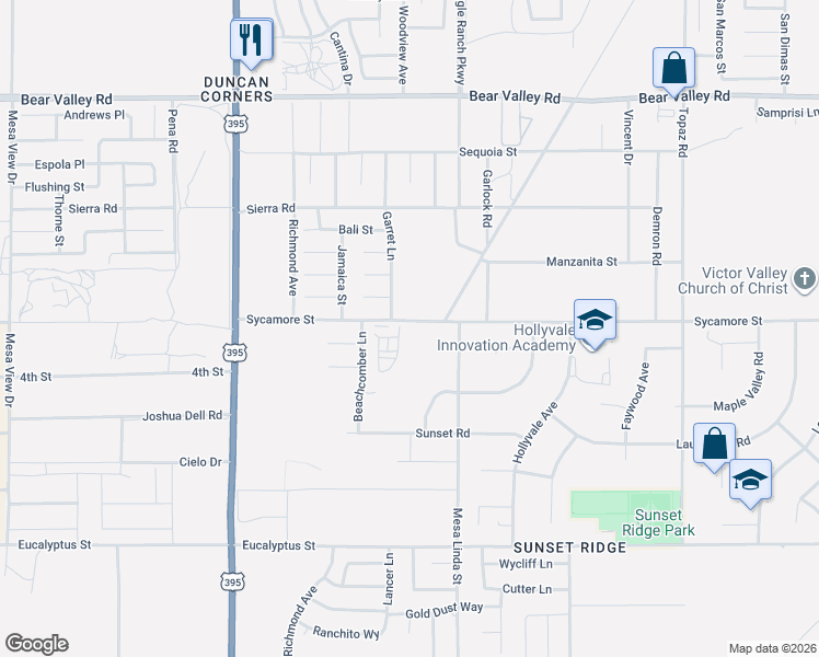 map of restaurants, bars, coffee shops, grocery stores, and more near 12415 Sycamore Street in Victorville