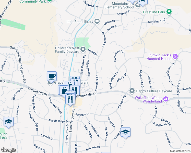 map of restaurants, bars, coffee shops, grocery stores, and more near 28252 North Evergreen Lane in Santa Clarita