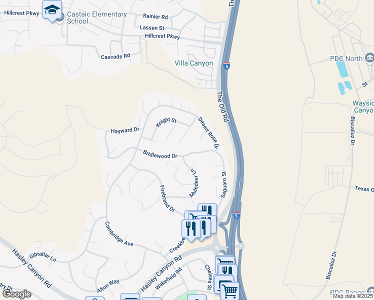 map of restaurants, bars, coffee shops, grocery stores, and more near 27733 Bridlewood Drive in Castaic