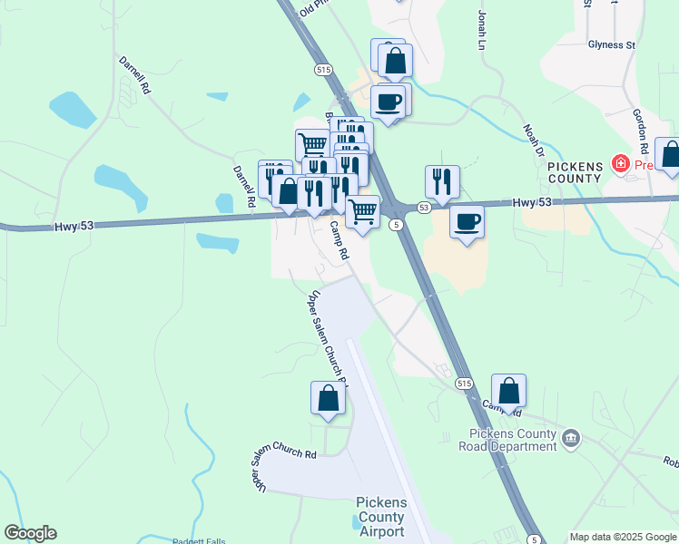 map of restaurants, bars, coffee shops, grocery stores, and more near 3989 Camp Road in Jasper