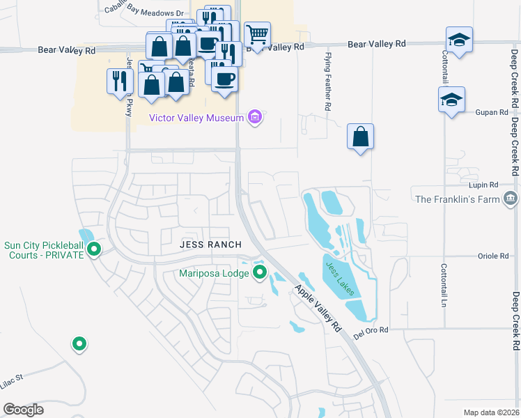 map of restaurants, bars, coffee shops, grocery stores, and more near 11620 Ridgemark Road in Apple Valley
