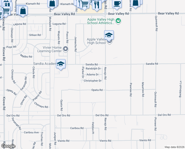 map of restaurants, bars, coffee shops, grocery stores, and more near 21621 Sandia Road in Apple Valley