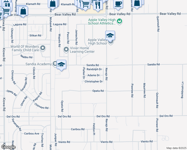 map of restaurants, bars, coffee shops, grocery stores, and more near 21621 Sandia Road in Apple Valley